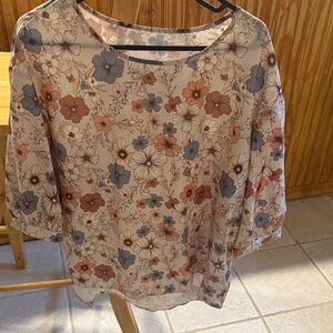 Floral Scoop Neck Blouse - Cream with Pink & Blue Flowers
